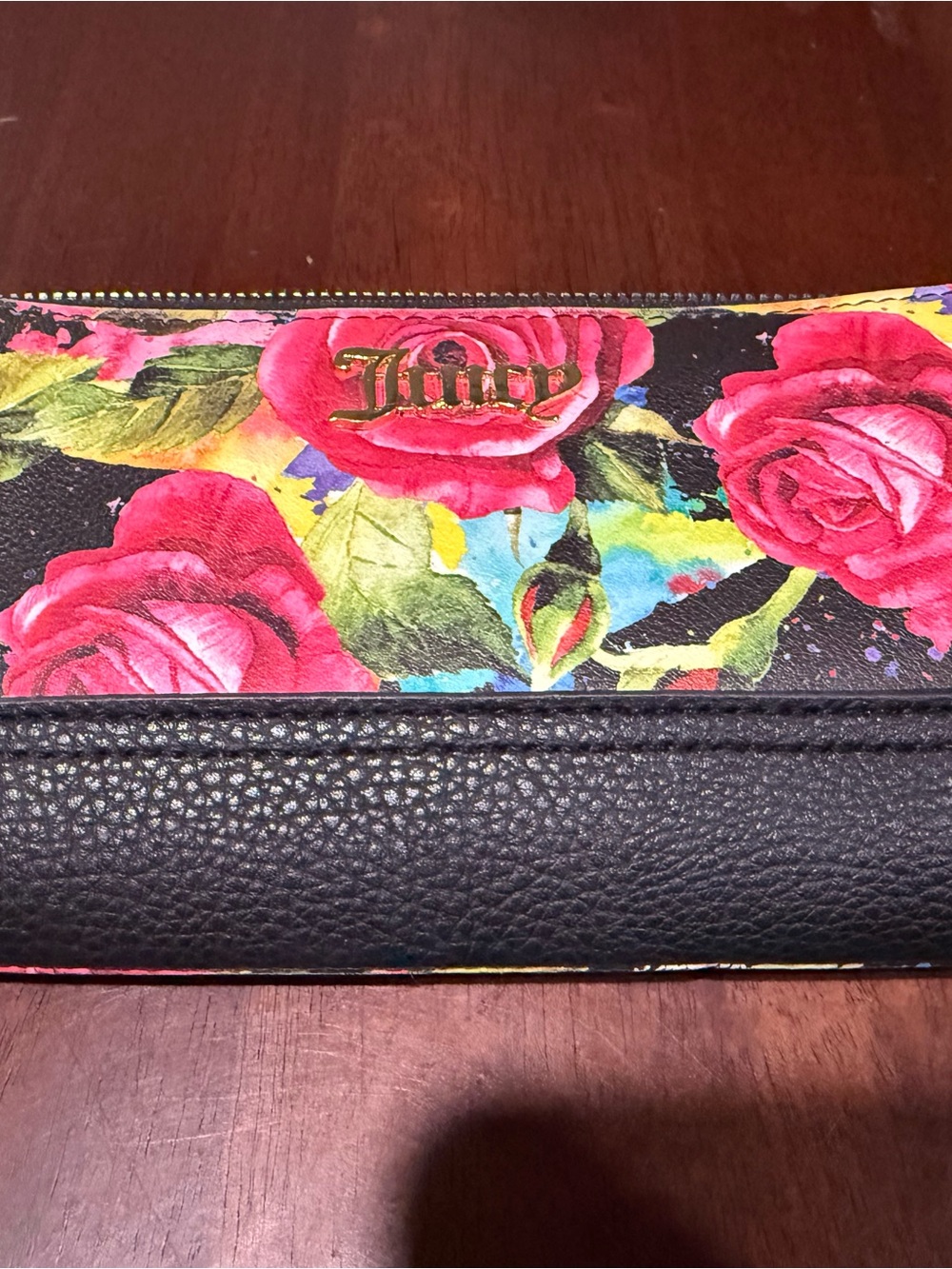 Juicy Couture Black Floral Zip Wallet with Pink Roses